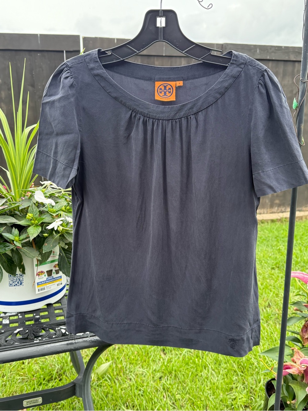 Tory Burch Silk Blend Short Sleeve Blouse in Charcoal Gray